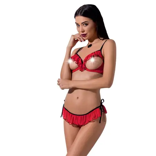 Комплект белья CHERRY SET OpenBra red S/M - Passion Exclusive: открытый лиф, трусики-юбочка photo 1